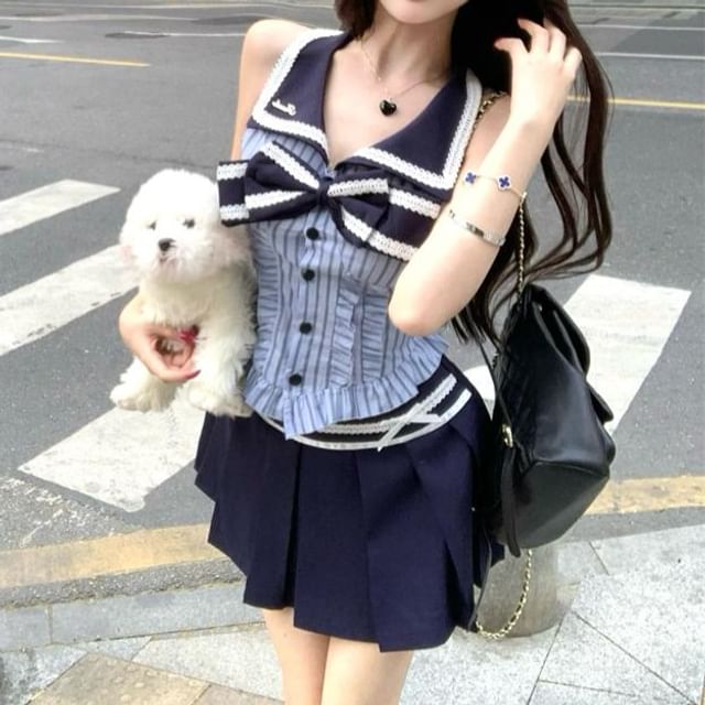 Mini Pleated Rise Skirt A-Line / High Striped Sleeveless Blouse Bow Collar