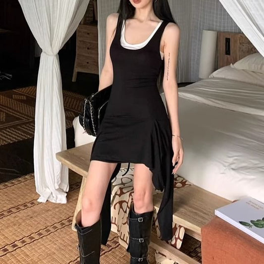 Tank Asymmetrical + Fit Dress Bodycon Sleeveless Scoop Set: Slim Neck Top Mini Plain