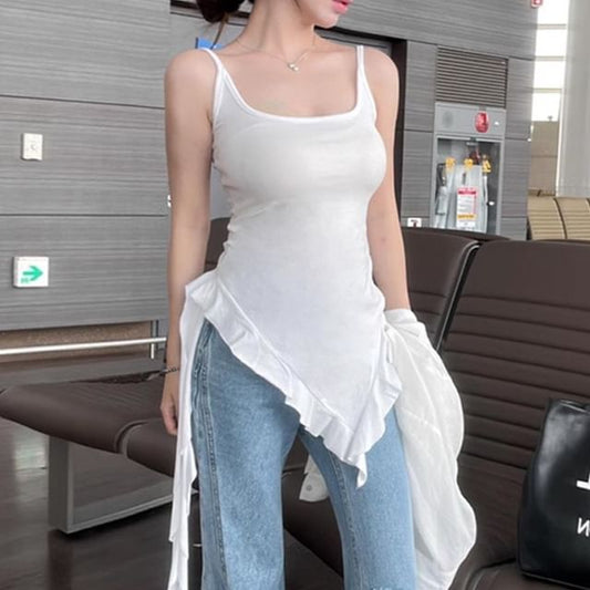 Ruffle Top Slim Neck Tank Long Plain Asymmetrical Square Trim Fit