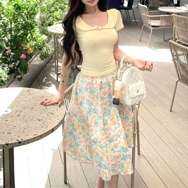 Neck Short-Sleeve A-Line Floral Elastic T-Shirt Skirt Fit Scoop Waist Midi Slim / Bow
