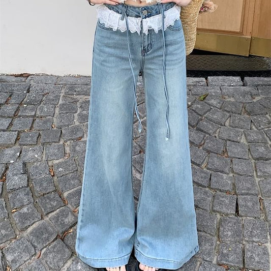 High Rise Washed Lace Panel Jeans Flared