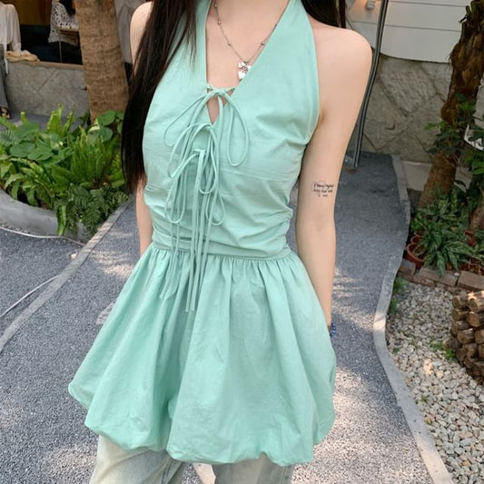 A-Line V-Neck Hem Mini Plain Halter Bubble Bow Skirt
