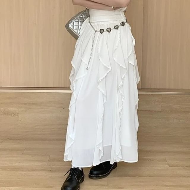 A-Line / Trim Ruffle Fit Midi Skirt Elastic Tank Top Slim Asymmetrical Plain Waist