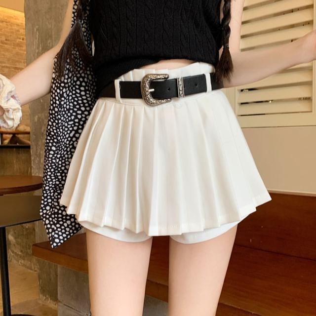 Contrast / Pleated High Waist Collar Skirt Top Plain Knit Tank Mini A-Line