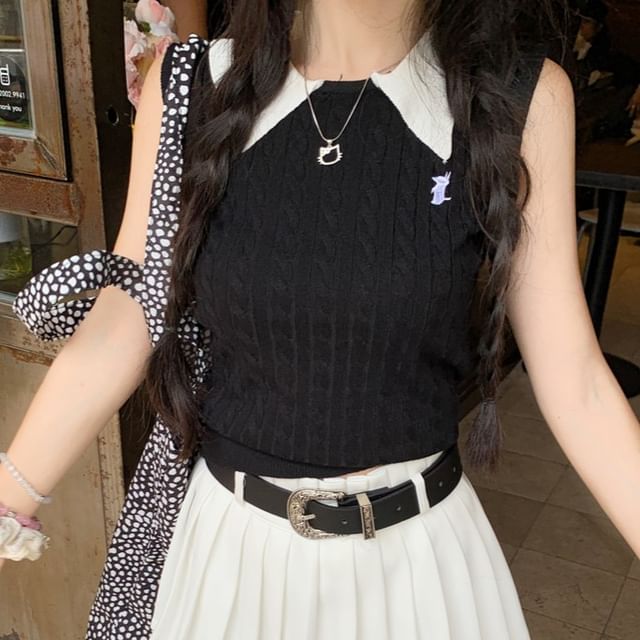 Contrast / Pleated High Waist Collar Skirt Top Plain Knit Tank Mini A-Line