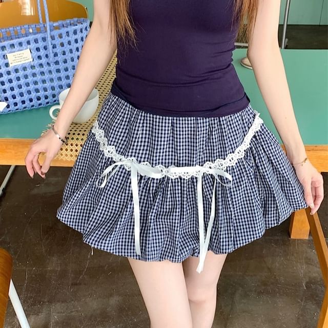 Skirt A-Line / Mini Short-Sleeve Trim Neck Fit Tee Slim Waist Bow Plain Plaid Hem Bubble Lace Elastic Scoop