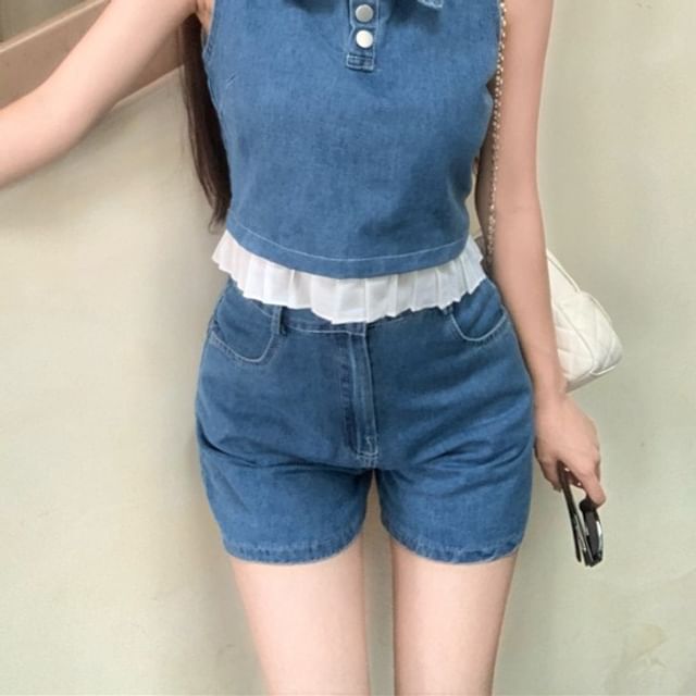 Henley Denim Trim Frill Top Tank Collar Crop Waist Shorts High /