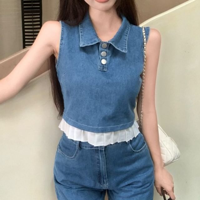 Henley Denim Trim Frill Top Tank Collar Crop Waist Shorts High /
