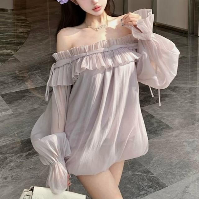 Plain Ruffle Off-Shoulder Trim Tunic Long-Sleeve Blouse