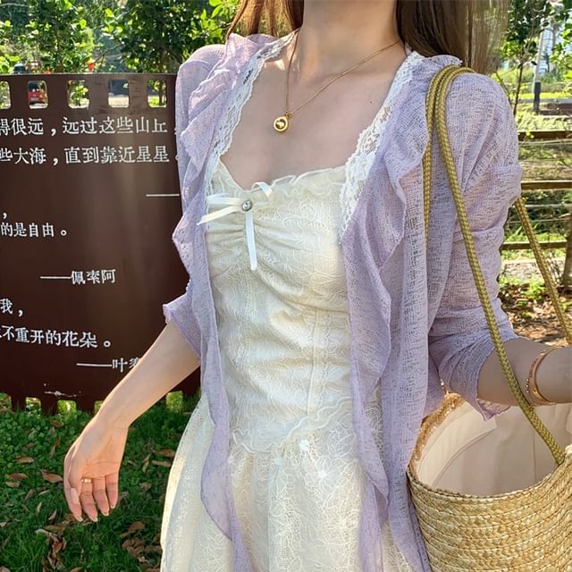 Melange / Trim Ruffle Ruched Lace Strap Dress Bow Spaghetti A-Line Panel Cardigan Mini