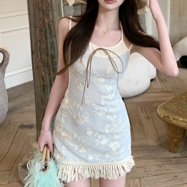 Strap Mini Dress Fringed Two-Piece Floral Spaghetti Bodycon Mock