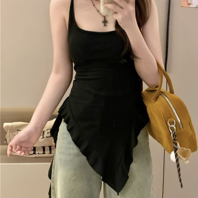 Ruffle Top Slim Neck Tank Long Plain Asymmetrical Square Trim Fit