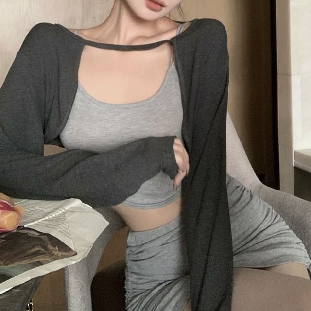 Mini Fit Elastic Melange / Skirt Pencil Crop Top Waist Slim Set Cardigan Camisole Drawstring