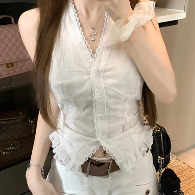 Plain Top V-Neck Trim Lace Slim Button Fit Tank