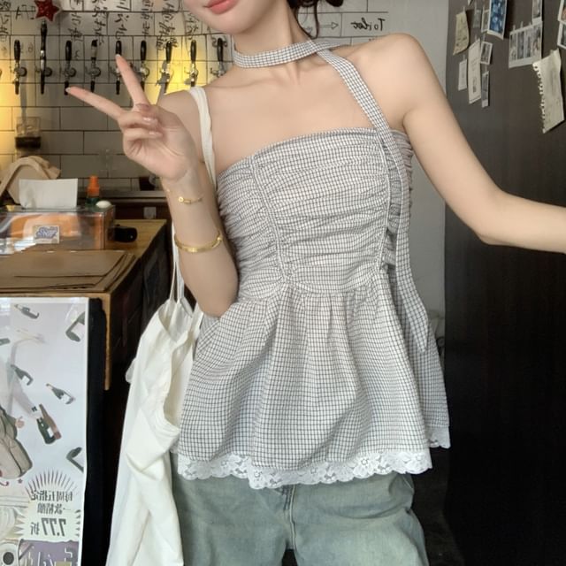 Ruched Plaid Peplum Lace Trim Tube Top