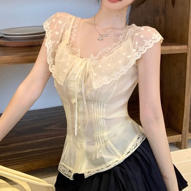 Fit Off-Shoulder Lace Panel Pintuck Cap-Sleeve Slim Blouse