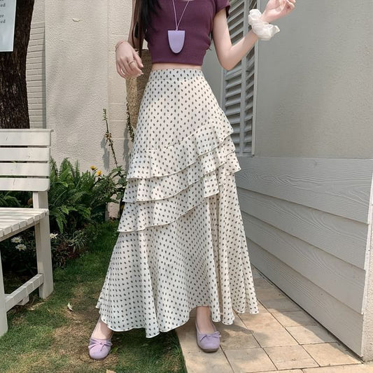 Midi Tiered Waist Skirt Floral A-Line High Asymmetrical