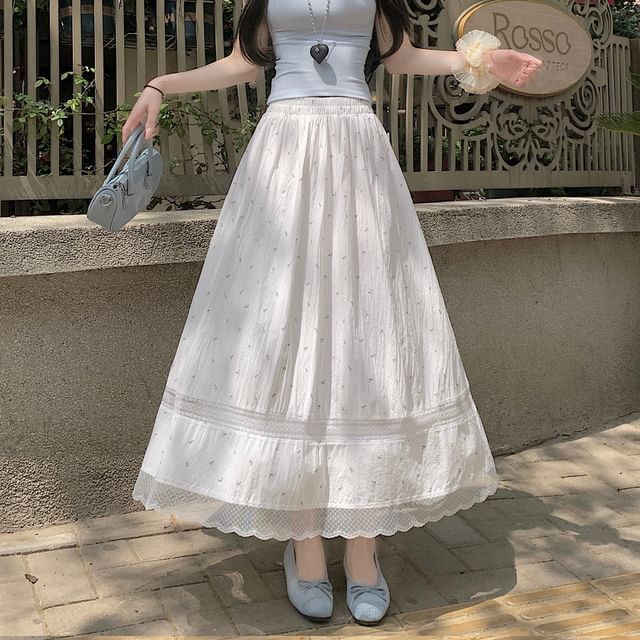 Elastic A-Line Waist Skirt Panel Midi Lace Floral