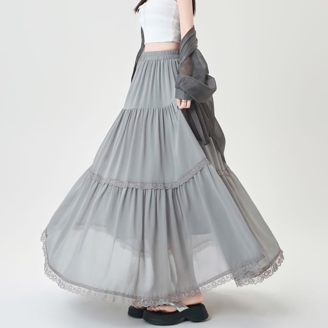Trim Midi Plain A-Line Skirt Elastic Waist Lace Tiered