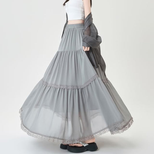 Trim Midi Plain A-Line Skirt Elastic Waist Lace Tiered