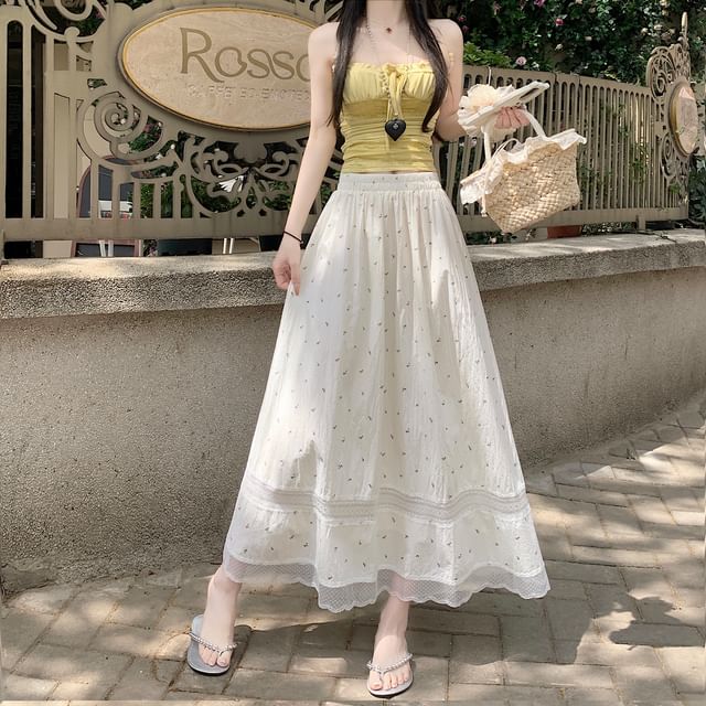 Elastic A-Line Waist Skirt Panel Midi Lace Floral