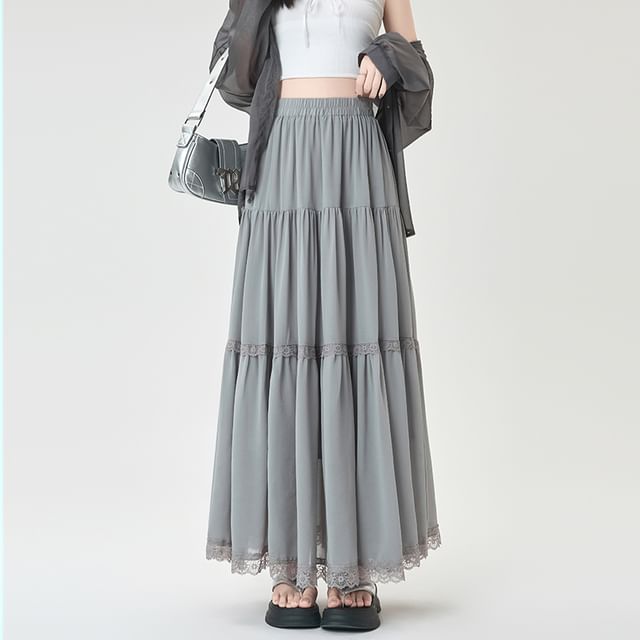Trim Midi Plain A-Line Skirt Elastic Waist Lace Tiered