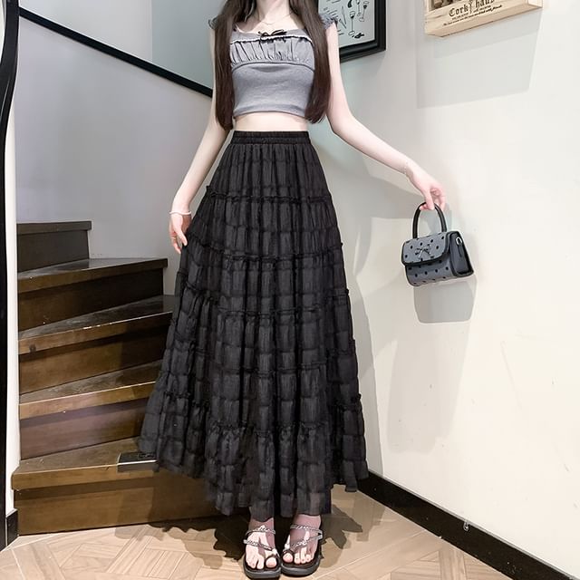 Tiered Mesh Midi Elastic A-Line Waist Skirt Plain