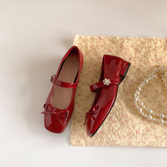 Leather Mary Heel Square Bow Jane Low Pumps Faux Toe