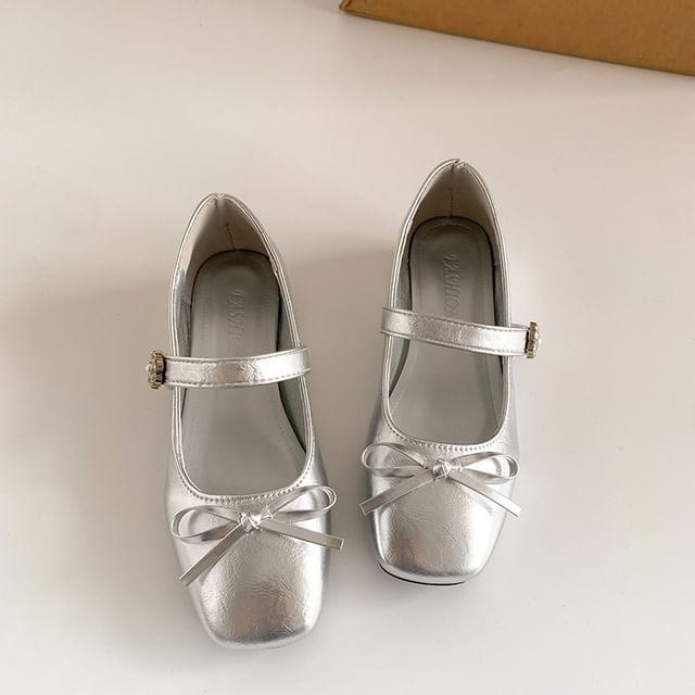 Leather Mary Heel Square Bow Jane Low Pumps Faux Toe