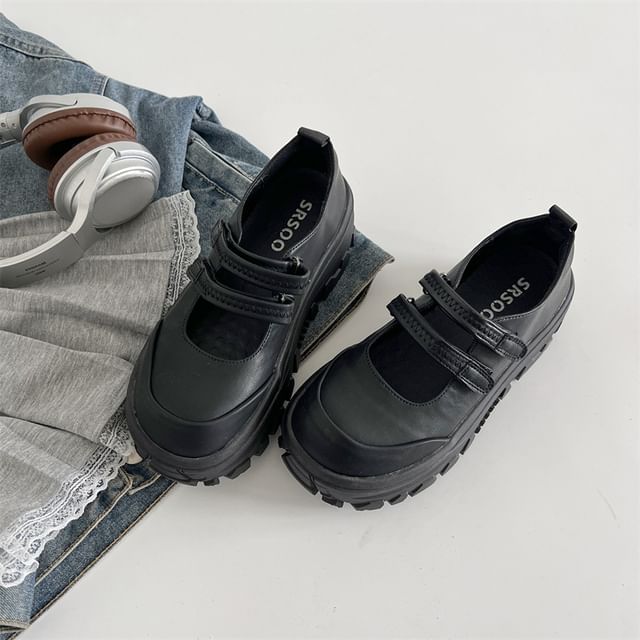 Platform Mary Leather Shoes Faux Jane Strap Adhesive