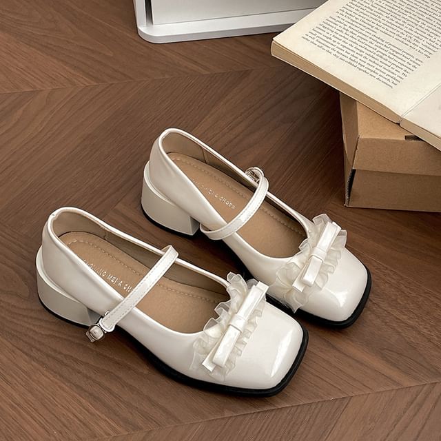 Pumps Square Mary Trim Toe Frill Bow Jane Heel Chunky