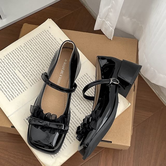 Pumps Square Mary Trim Toe Frill Bow Jane Heel Chunky