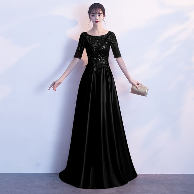 Short-Sleeve Sequin Beaded A-Line Evening Gown