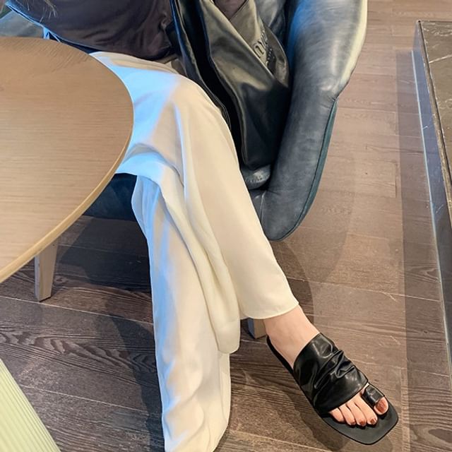 Ruched Loop Faux Leather Square Slide Toe Sandals