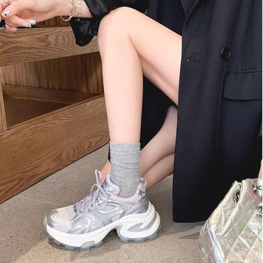 Panel Genuine Sneakers Lace-Up Mesh Platform Leather