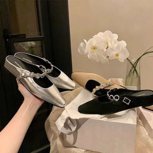 Jane Rhinestone Wedge Faux Mary Hidden Mules Leather