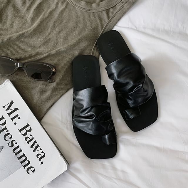 Ruched Loop Faux Leather Square Slide Toe Sandals