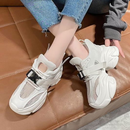 Mesh Sneakers Buckled Lace-Up Platform
