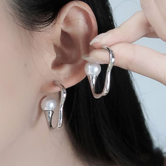Faux Pearl Open Irregular Alloy Hoop Earring