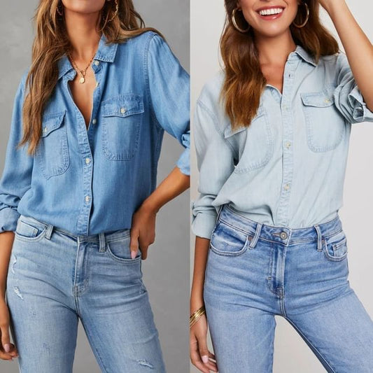 Sleeve V-Neck Long Loose-Fit Shirt Denim