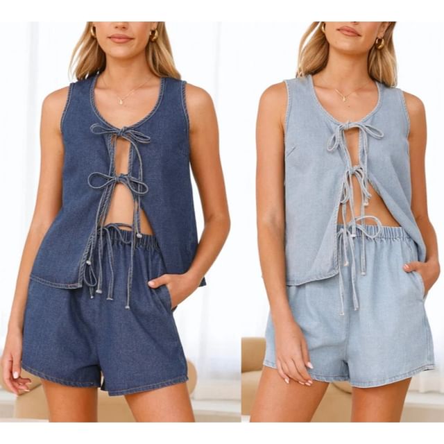 Tank Top V-Neck Denim Shorts + Set: Waist High Wide-Leg Tie-Front Mini