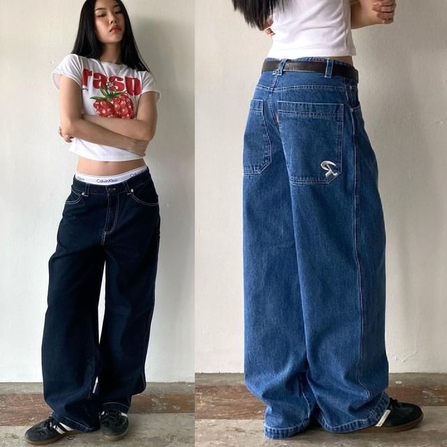 Low Washed Rise Jeans Wide-Leg Loose-Fit