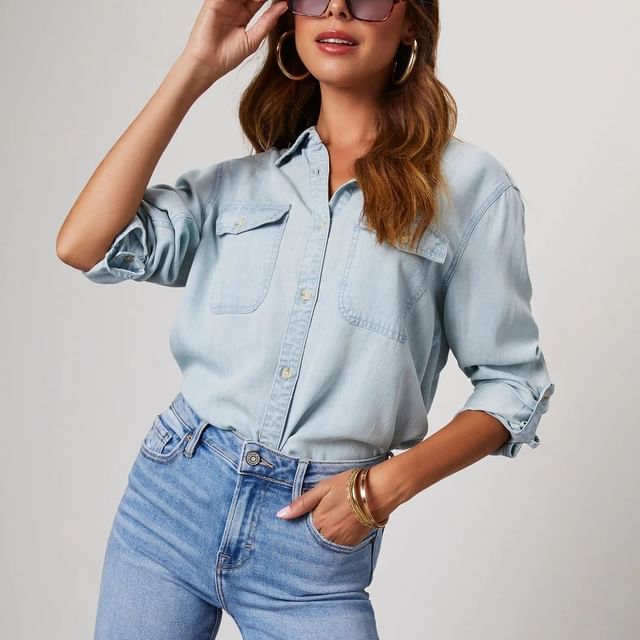 Sleeve V-Neck Long Loose-Fit Shirt Denim