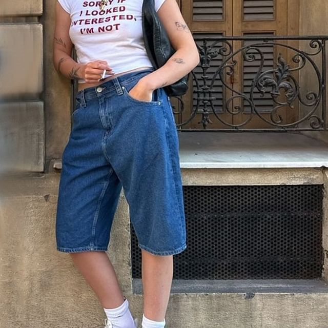 Shorts Pocket Straight-Leg Washed Denim Low Waist