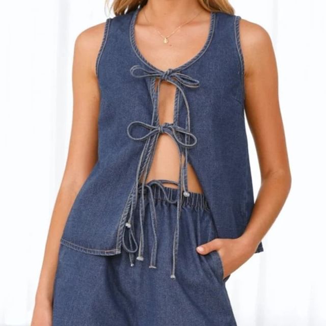 Set: High + Tie-Front Denim V-Neck Wide-Leg Waist Top Mini Tank