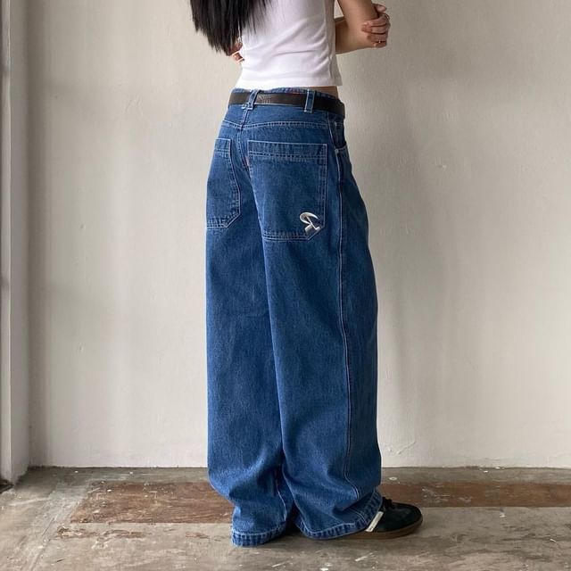 Low Washed Rise Jeans Wide-Leg Loose-Fit