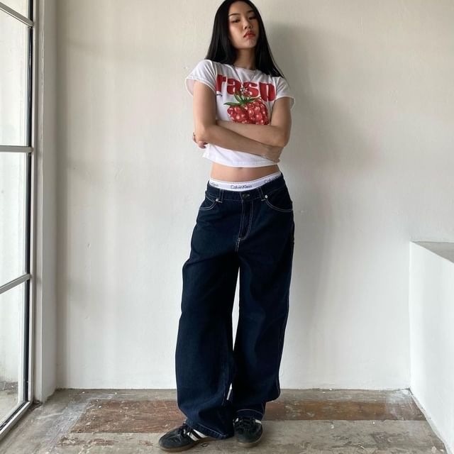 Low Washed Rise Jeans Wide-Leg Loose-Fit