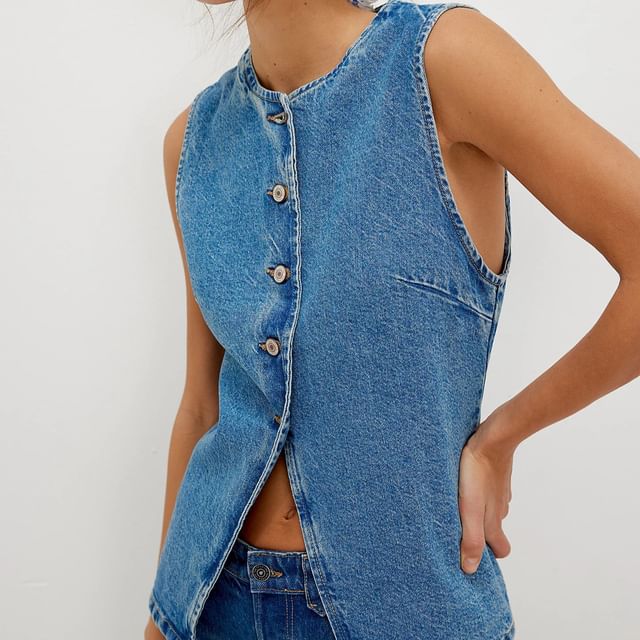 Washed Top Denim Button-Up Tank Slim-Fit