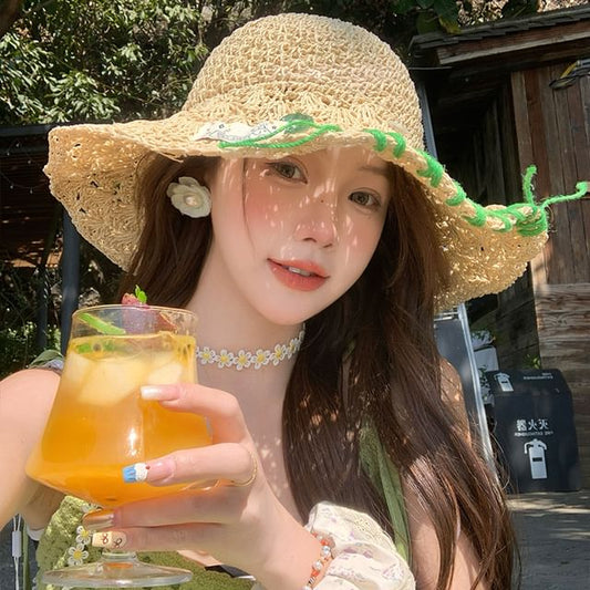 Straw Hat Contrast Sun Stitching
