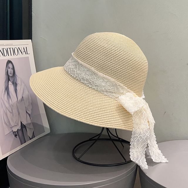 Straw Bucket Lace Ribbon Hat